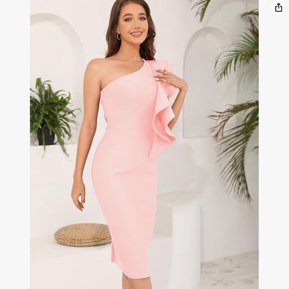 Baosuu One Shoulder Ruffle Ruched Slit Bodycon Cocktail Dress (Pink, XL) - Picture 3 of 5